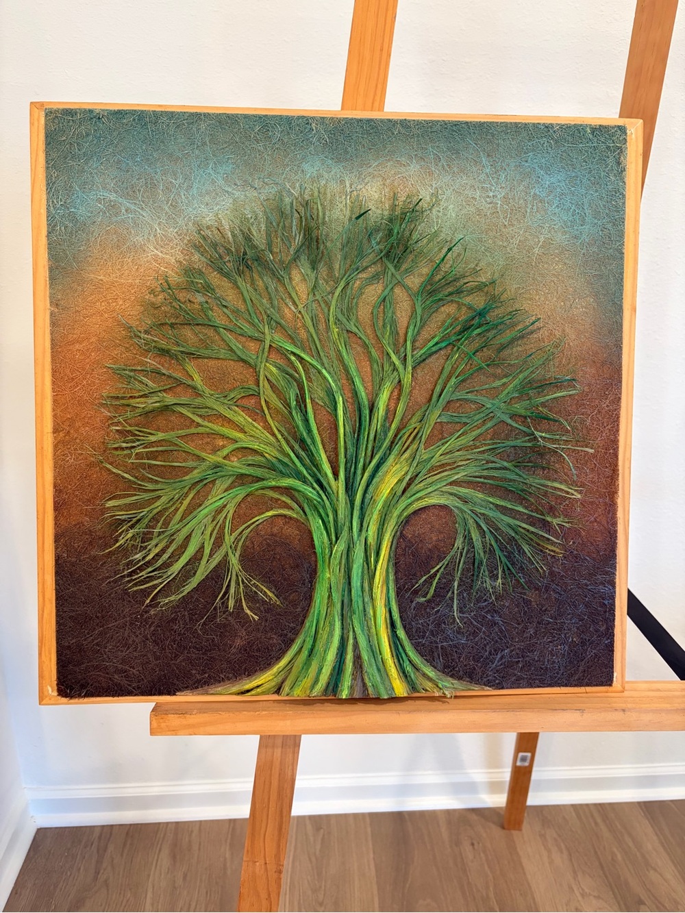 Handcrafted Green Tree Fiber Art Wall Panel